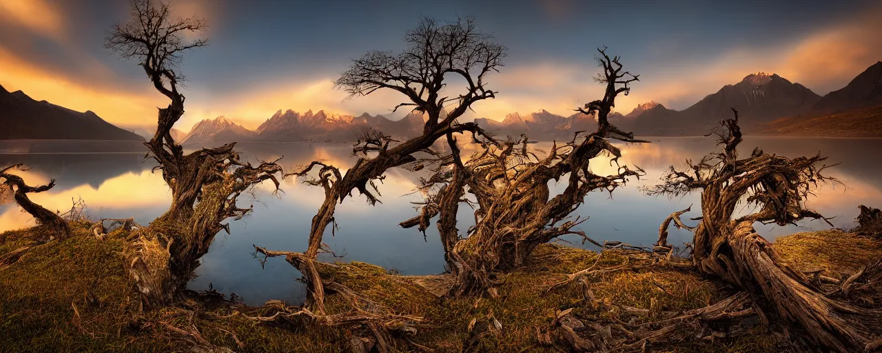 Image similar to landscape photography by marc adamus, dead tree in the foreground, mountains, lake