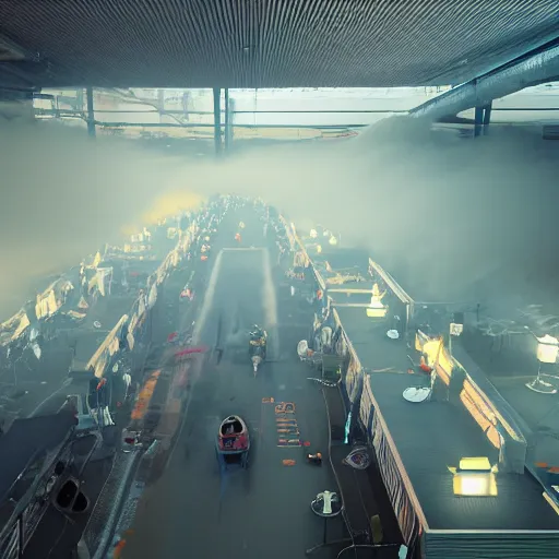 Image similar to wide angle shot from above, muted/dim neon color smoke wisps waft on a current of air through a low energy cluttered parlor and coalesce onto the floor into an outline reminiscent of a high-energy racing horse crossing the finish line.