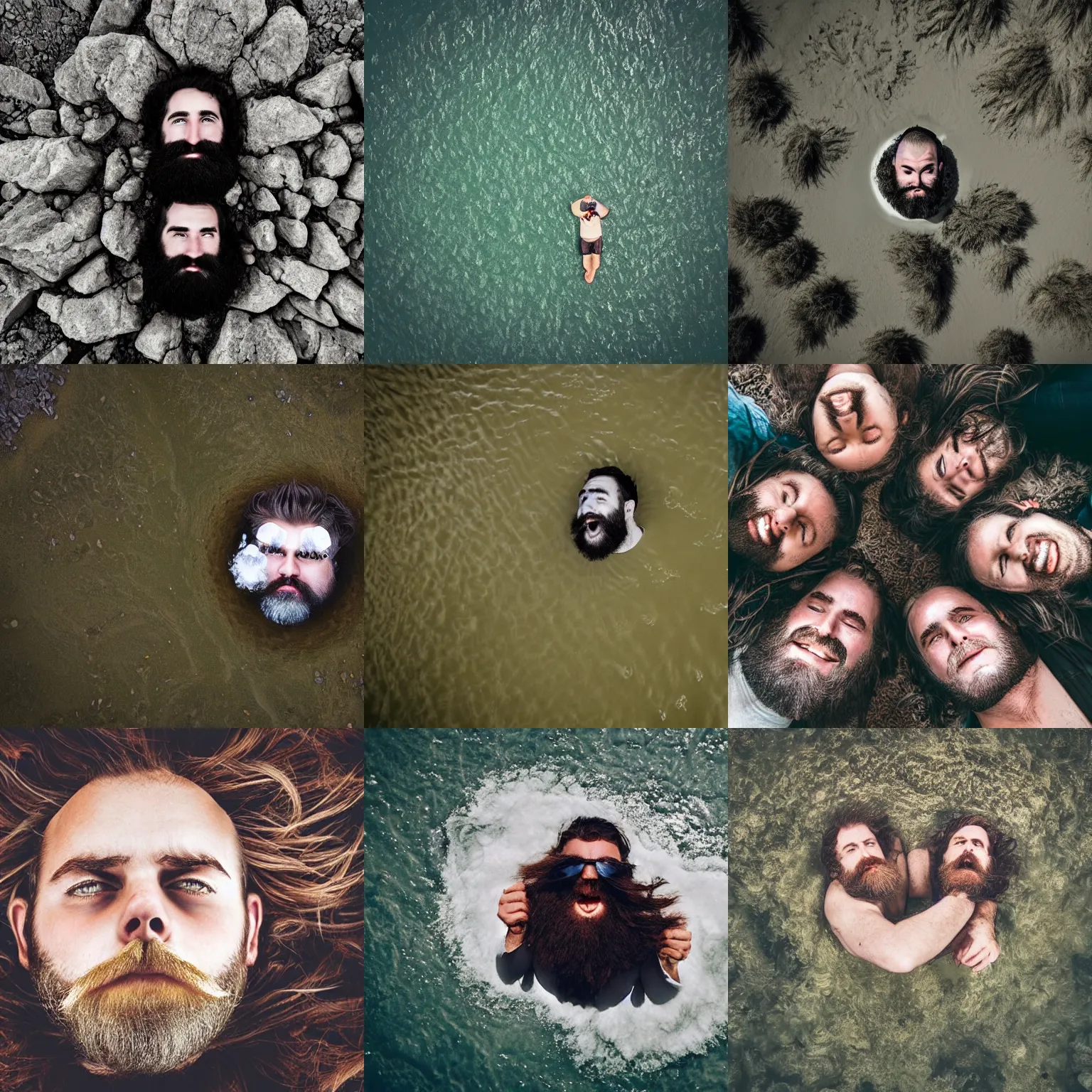 Prompt: burly bearded hairy faces floating and looking down from the sky, photography