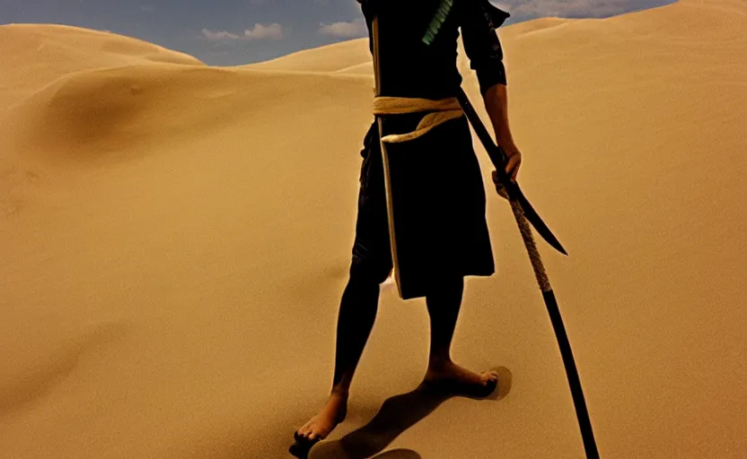 Image similar to roronoa zoro in sand dunes, photography