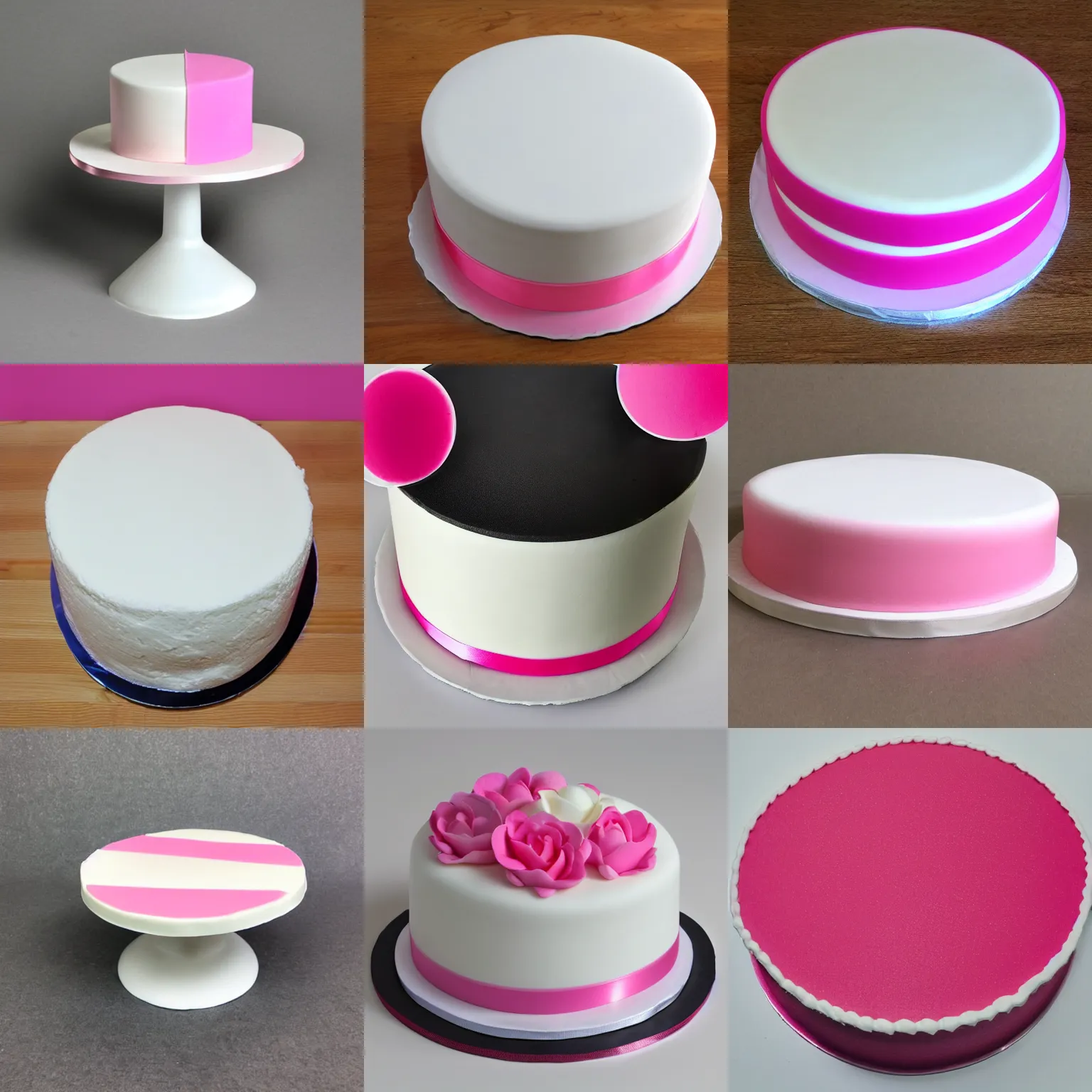 Prompt: double - sided cake base, round, white and pink