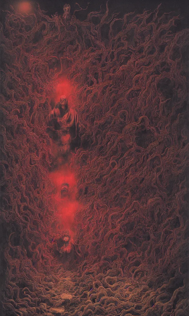 Image similar to zhongyuan festival, chinese ghost festival, king of hell, inside page of comic book, psychedelic lights and fog, in the style of zdzislaw beksinski, ayami kojima, takato yamamoto, barclay shaw, karol bak, glowing light and shadow, hyperrealist