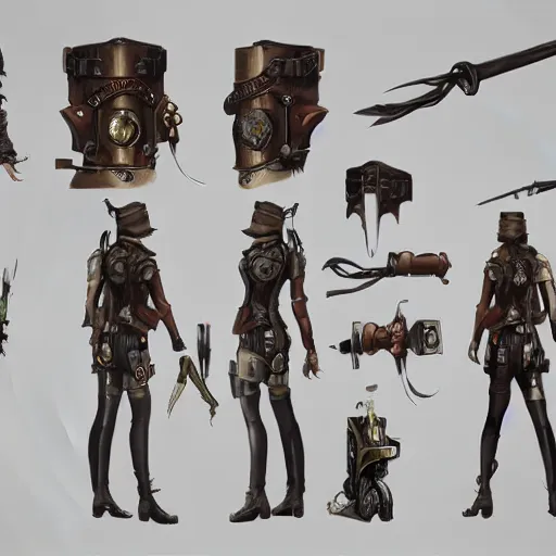 Prompt: steampunk style weapons, concept art, octane render, trending on dishonored