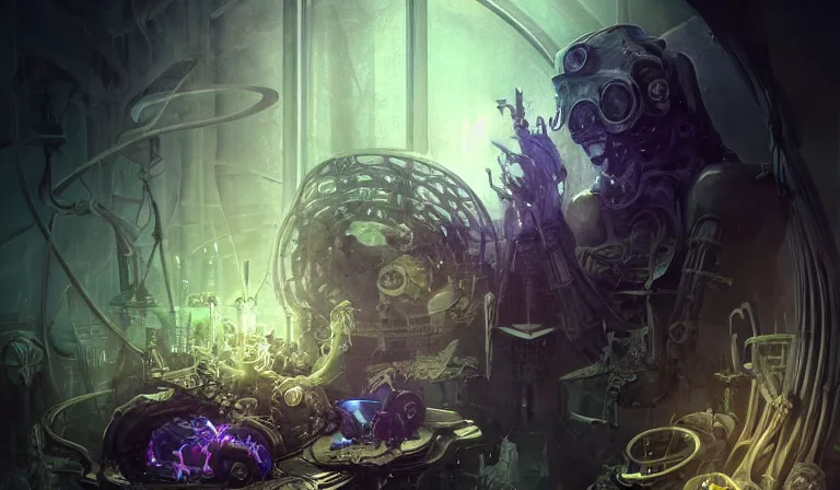 Image similar to muted ombre matte painting beautiful sinister alabaster neogothic skullpunk spirit doctor, tending to the iridescent enchanted intergalactic mecha garden, man machine chimeric beholder polyphemous power crystals psychotropic frequencies singularity artgerm wlop james jean andrei riabovitchev marc simonetti yoshitaka amano artstation, cgsociety