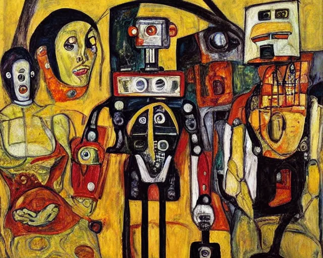 Image similar to a painting of a robot family portrait by graham sutherland, egon schiele, expressionism