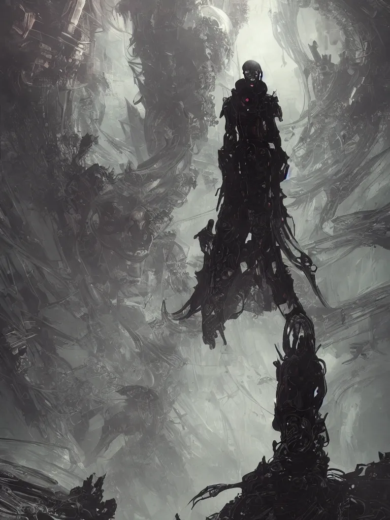 Image similar to dystopian, a dreamland of chinese ukiyo - e, gothic diablo art, rococo art, 4 k post processing. asymmetrical, portrait of an alien with large tubes in face in the style of, ghost in the shell, machine face, intricate, elegant, dramatic lighting concept art by craig mullins and ruan jia and raphael lacoste, trending on artstation