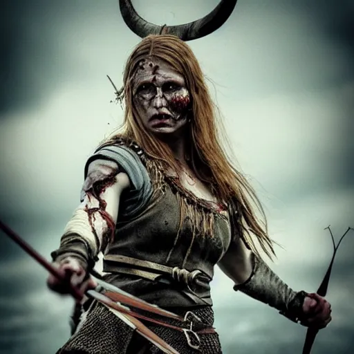 Image similar to Ultrawide realistic photo of a bloody fierce viking woman, injured by an arrow, battle-scarred mind-blowing details, highly detailed face, ethereal,, ominous, scarred, highly detailed, viking attire, cinematic, 16k, 1080s, smooth, sharp focus, by Stanley Artgermm, WLOP, trending on DeviantArt, trending on ArtStation, full of color, digital art, Smooth gradients, depth of field, shot on Canon Camera