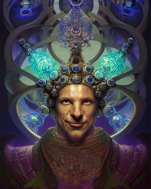 Image similar to front shot of a court jester character, hyperdimensional, bioluminescent hypercubes, ((intricate)), elegant, highly detailed, centered, (((artstation, concept art, smooth, sharp focus, artgerm, Tomasz Alen Kopera, Peter Mohrbacher, donato giancola, Joseph Christian Leyendecker, WLOP, Boris Vallejo))), mugshot!!!!!, ugly!!!!!!, octane render, nvidia raytracing demo, grainy, muted