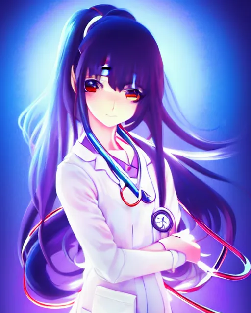 Image similar to anime style, vivid, expressive, full body, 4 k, painting, a cute magical girl with a long wavy black hair wearing a nurse outfit, stunning, realistic light and shadow effects, centered, simple background, studio ghibly makoto shinkai yuji yamaguchi