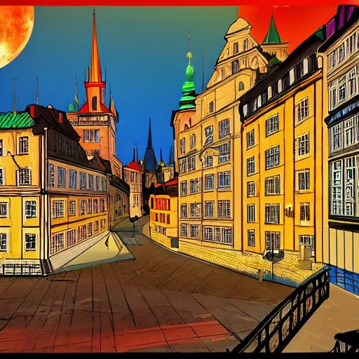 Image similar to stockholm, anime background art