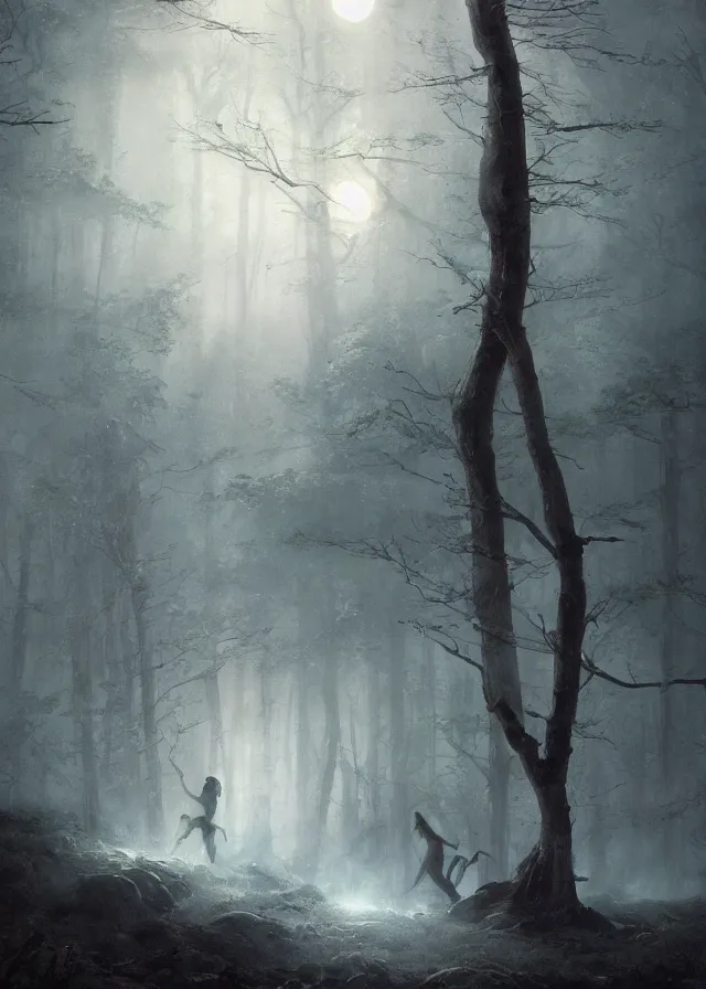 Image similar to the twilight dance of the fae by aleksi briclot, greg rutkowski and ivan aivazovsky, dancers in white lit only by the moon, contemporary dance on the forest floor, contemporary dance, volumetric, atmospheric, watercolor, surrealist, artstation, artgerm, concept art