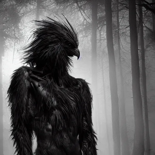 Prompt: werecreature consisting of a crow and a human, featured on artstation, photograph captured in a dark forest