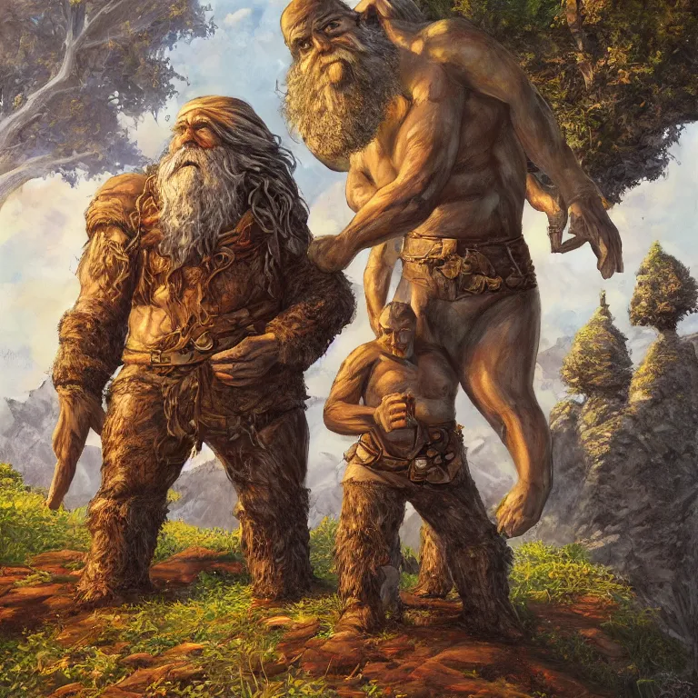 Prompt: a beautiful portrait painting in the style of larry elmore of a stone golem standing center frame with his stone arms around a dwarf wizard and elf rogue at summer camp