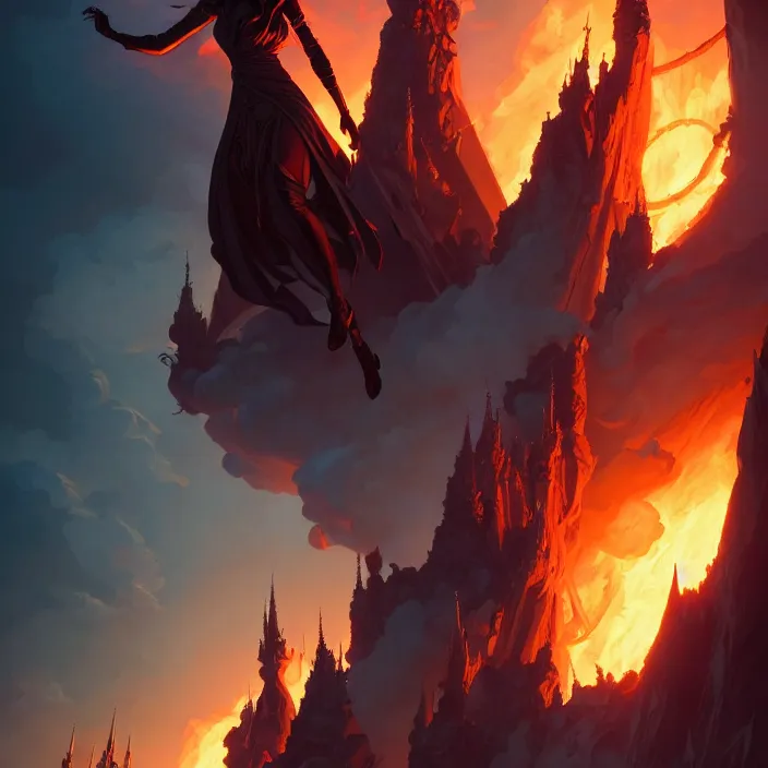 Image similar to style artgerm, joshua middleton, ellen jewett, a castle of brimstone, very long spires, fire swirling, detailed, volcano background setting, volumetric lighting