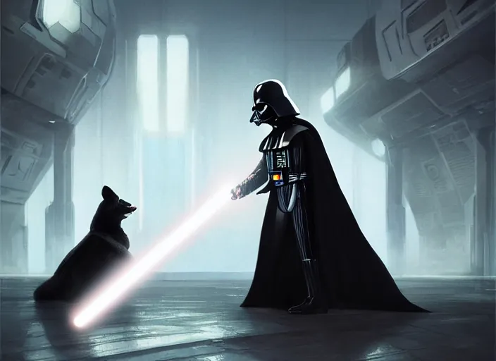Prompt: a Photorealistic dramatic hyperrealistic render of darth vader with lightsaber drawn facing off against a cute corgi in battle, futuristic star wars vibe, by WLOP and Artgerm and Greg Rutkowski and Alphonse Mucha, Beautiful dynamic dramatic dark moody lighting, shadows, cinematic atmosphere, Artstation, concept design art, Octane render, 8K, masterpiece, sharp focus
