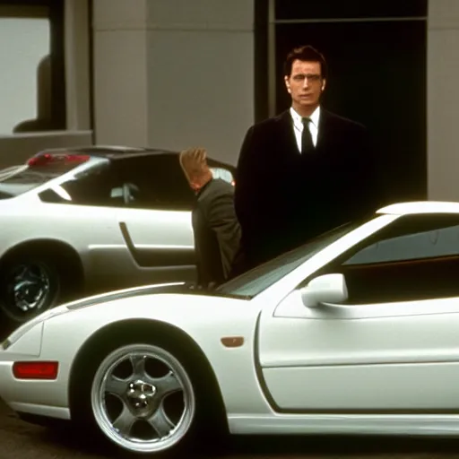 Prompt: Patrick Bateman standing next to his white Acura Honda NSX movie still from American Psycho mid day screenshot