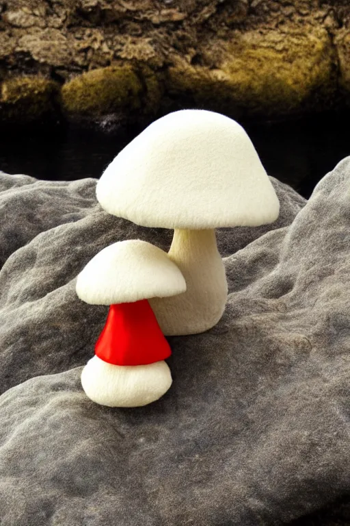 Image similar to fluffy anthropomorphic mushroom sitting on a rock in the ocean