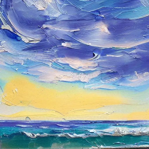 Image similar to thick impasto textured painting of a ocean landscape with beach and shore birds with a storm in the distance