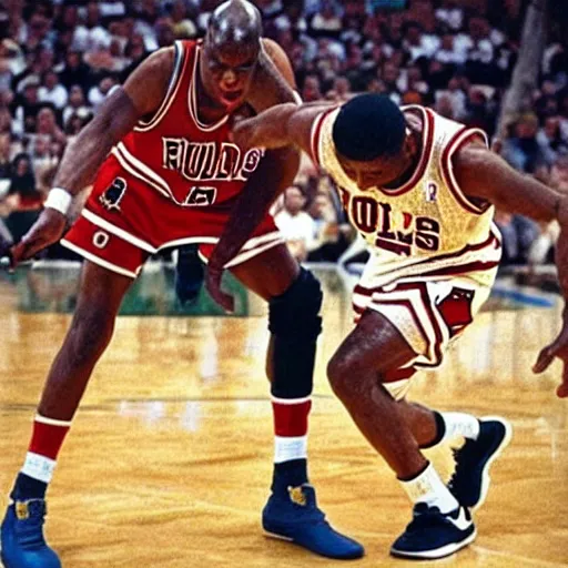 Image similar to frodo baggins blocking michael jordan, nba