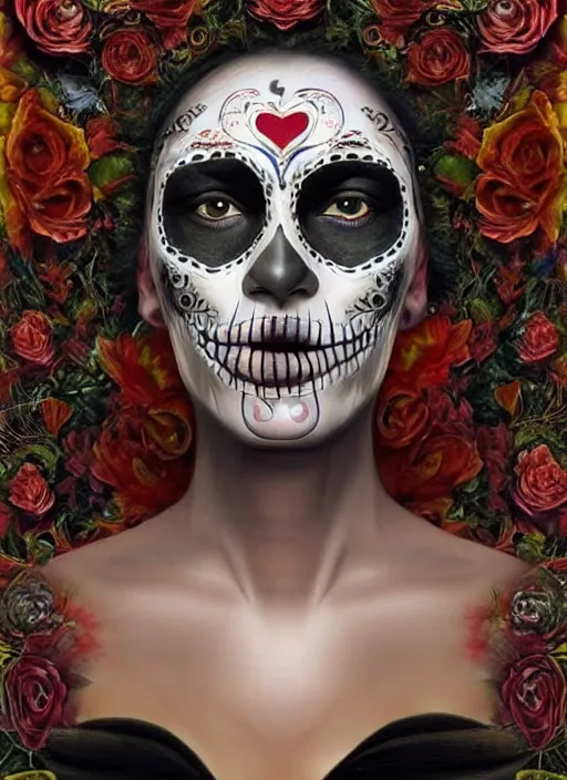 Image similar to dia de los muertos theme surrealist art in the styles of igor morski, jim warren, and loyiso mkize, intricate, hyperrealistic, accurate facial details, profile picture with chromakey!!!!! background, volumetric lighting