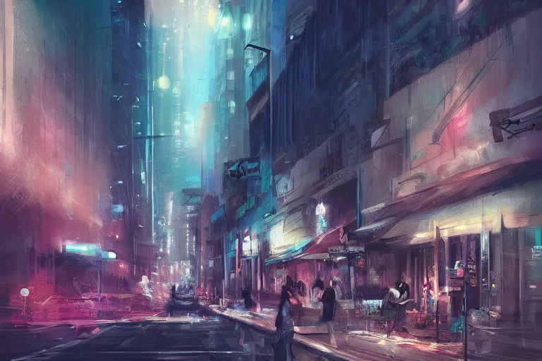 Prompt: a beautiful paiting of Night Life of downtown street by Ross Tran, dark ambient, beautiful, UHD, hyperrealism, Surreal and Fantasy Art, absurdist