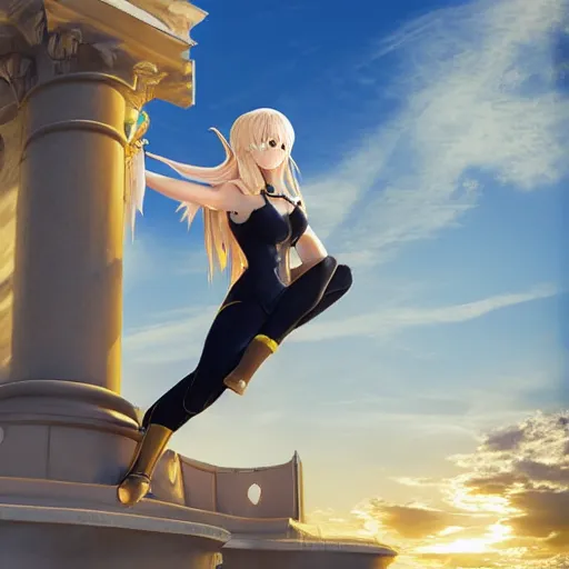 Prompt: blonde - haired princess, anime princess, wearing skinsuit, action pose, parkour, plaza, greco - roman pillars, golden hour, partly cloudy sky, sepia sun, strong lighting, strong shadows, vivid hues, ultra - realistic, sharp details, subsurface scattering, intricate details, hd anime, 2 0 1 9 anime