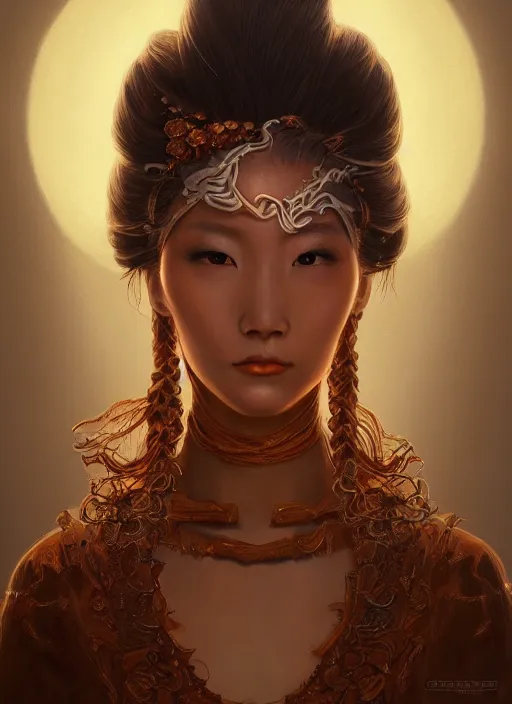 Image similar to a beautiful detailed oil on copper art illustration of a japanese namanari mask woman, centered, by charlie bowater, zeng fanzh, trending on artstation, dim dusk lighting, cinematic lighting, detailed lighting, volumetric lighting, realistic, f 8, 4 k hd wallpaper