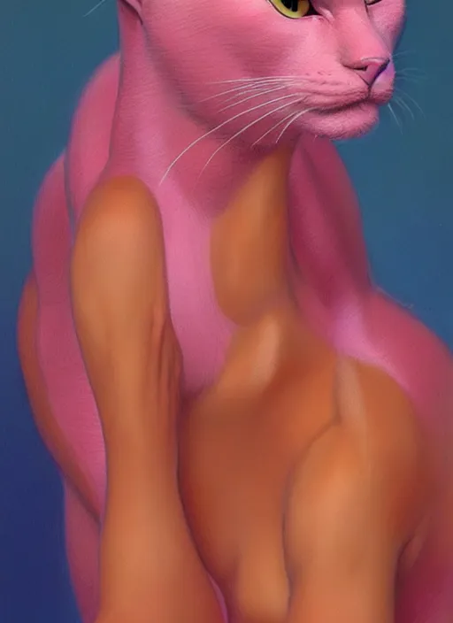 Image similar to a portrait of a pink cat hybrid human woman, art by boris vallejo and greg danton and denys tsiperko, detailed, hyperrealism, artstation