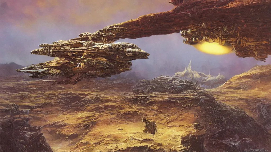 Image similar to organic dropship lander by michael whelan and bernie wrightson, epic cinematic matte painting