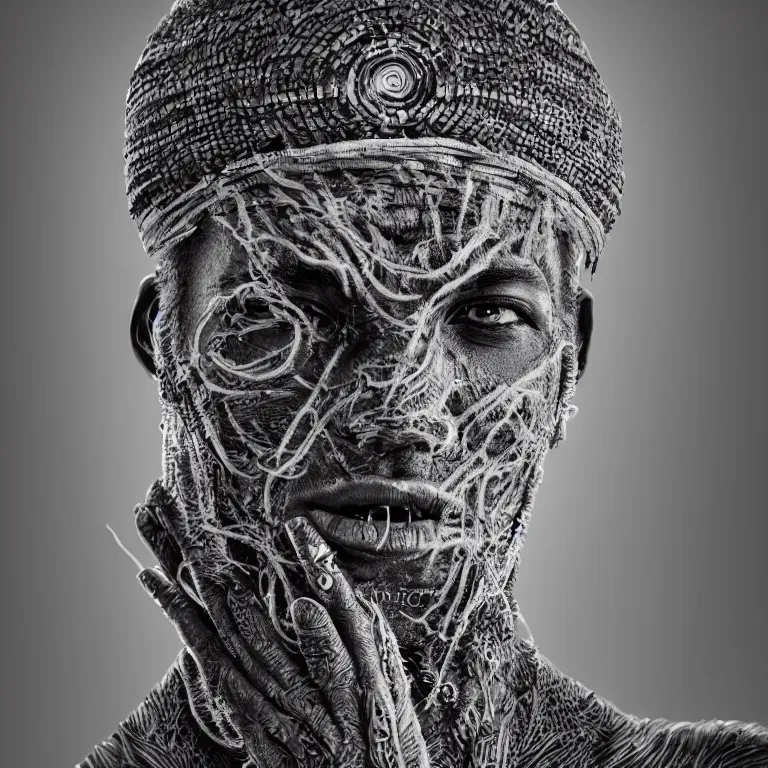 Prompt: surreal spinal ribbed tribal exotic organic face portrait of a beautiful aboriginal man, beautiful detailed intricate insanely detailed BW 3D render digital art, octane render, 8K artistic photography, photorealistic