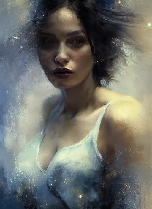 Image similar to portrait of a beautiful woman with mouth agape looking deep at the viewer, her eyes are filled with stars, celestial background, hair blown in the wind, by Jeremy Mann, stylized, detailed, realistic, loose brush strokes, dramatic