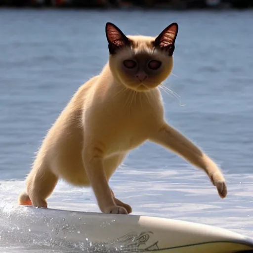 Prompt: siamese cat plays surfing