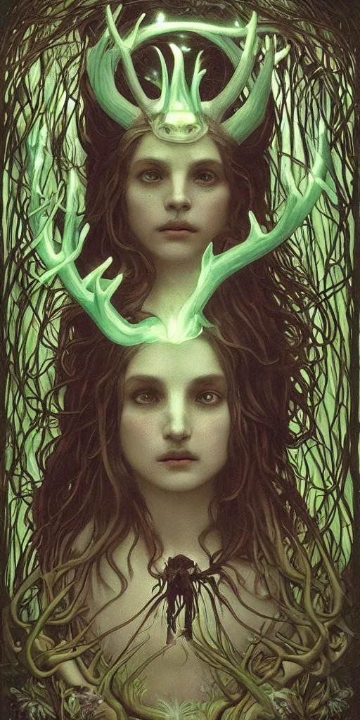 Image similar to intense bioluminescent pagan god with antlers and fangs and intense glowing eyes in very dark forest by mark ryden and alphonse mucha, portrait, fantasy, clear, light beams, lens flare, intense, uhd, amazing depth, cinematic lighting