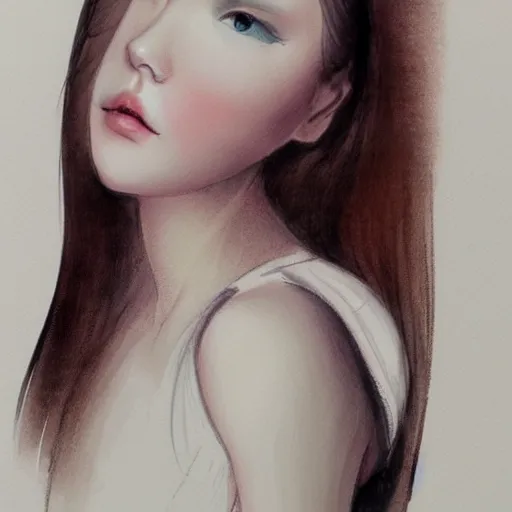 Image similar to a perfect, realistic professional digital sketch of semirealistic young girl, by pen and watercolor, by a professional Chinese Korean artist on ArtStation, on high-quality paper