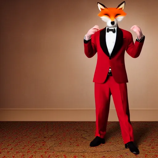 Image similar to realistic ballroom photo of an anthropomorphic fox in a dark red tuxedo