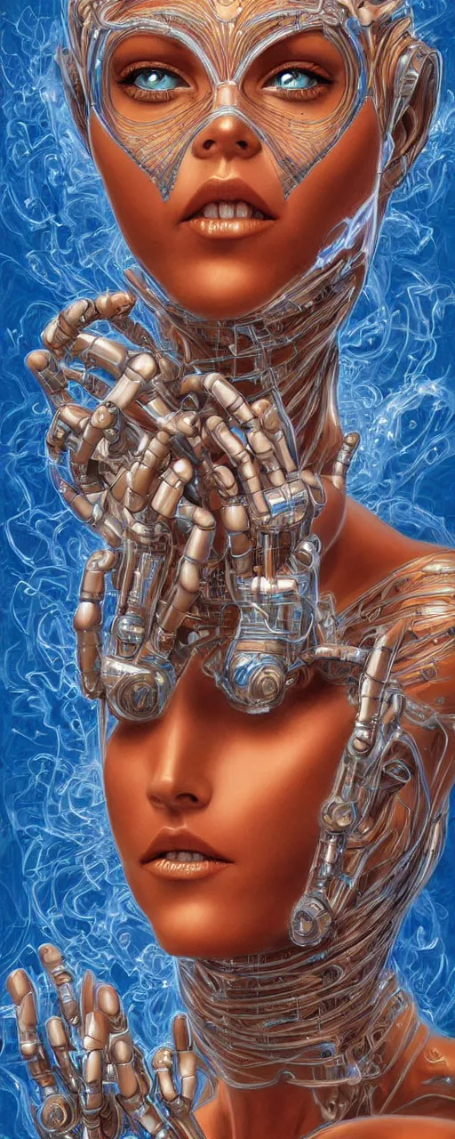 Image similar to a robotic goddess with transparent skin, highly detailed, digital painting, smooth, sharp, beautiful face, expressive eyes, highly intricate, art by Boris Vallejo and alex gray