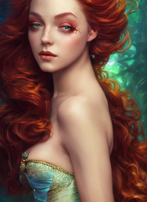 Prompt: glamorous princess ariel portrait, seductive eyes and face, elegant, very detailed face, studio lighting, photorealism, portrait by magali villeneuve and steve argyle, livia prima, mucha, dress, fantasy art, beautiful, artstation, trending on artstation, intricate details, alluring, masterpiece