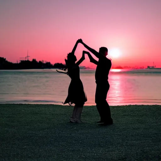 Prompt: couple dancing, sunset, cinematic, sun