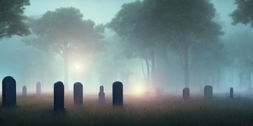 Prompt: large glowing iphone tombstones preserving incubating body of last female human in existence. sci - fi gothic terrarium cemetery, serene morning mist, pastel sunrise, volumetric lighting, octane render, by greg rutkowski, william adolphe bouguereau, gerald brom, gustave dore,