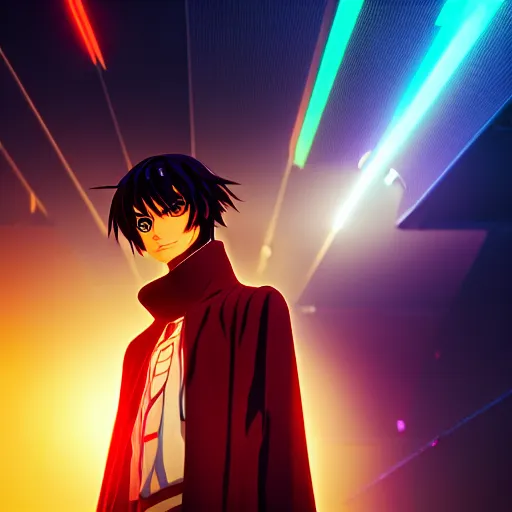 Prompt: Lelouch Lamperouge in a neon city, octane render 8k, atmospheric render, myserious man, professional render, volumetric light, artstation, redshift render, low angle camera, eccentric anime smile, Lelouch in a hood