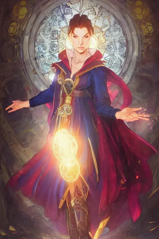 Image similar to anime key visual of a beautiful young female doctor strange, marvel comics, spells, magic, intricate, magical village, stunning, highly detailed, digital painting, artstation, smooth, hard focus, illustration, art by artgerm and greg rutkowski and alphonse mucha