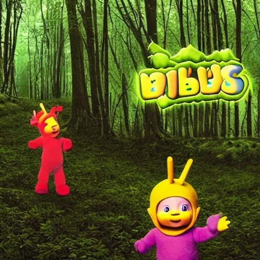 Image similar to teletubbies in the forest trail camera footage night