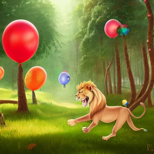 Image similar to lion run through the forest and see a birthday ribbons and balloons , concept art, huge scale, high details by Evgeniy Antonenkov