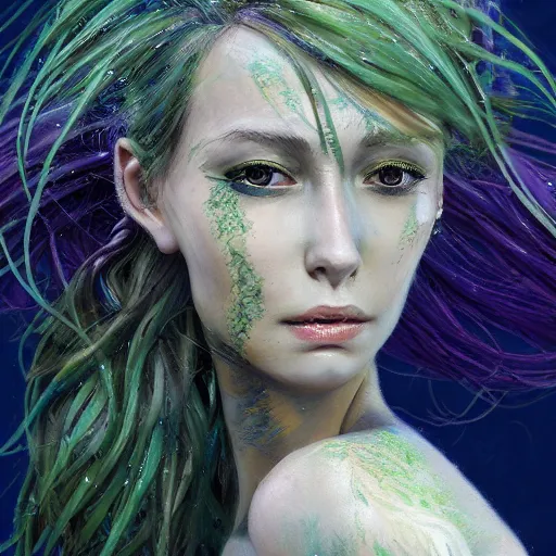 Prompt: portrait of a mermaid with seaweed hair, painted by steve argyle, artstation, highly detailed