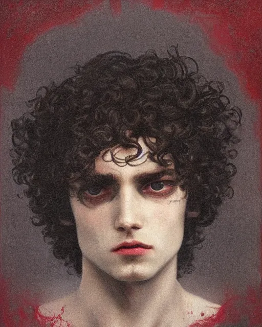 Prompt: a handsome but sinister and creepy young man in layers of fear, with haunted eyes and curly hair, 1 9 7 0 s, seventies, delicate embellishments, a little blood, crimson, painterly, offset printing technique, by alexandre cabanel