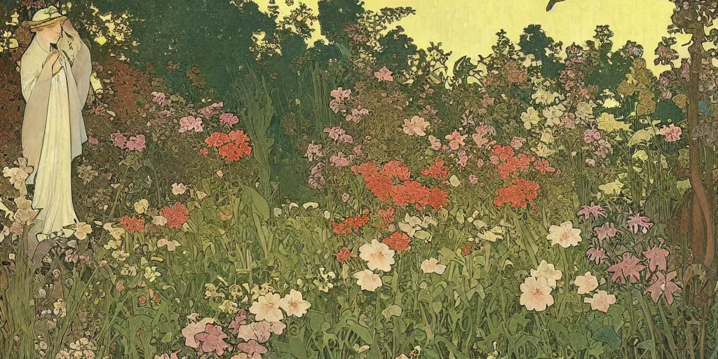 Prompt: a painting of a beautiful garden, isometric view, painted by alphonse mucha and hieronymus bosch and hasui kawase, dramatic lighting, vivid colours.