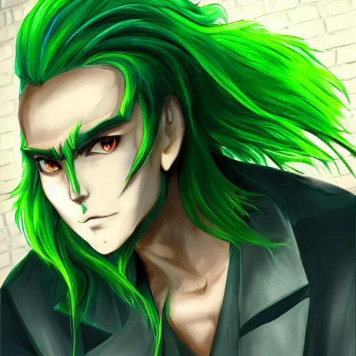 Prompt: portrait of a man with green hair, with eyes that look like a clock, anime style, trending on artstation