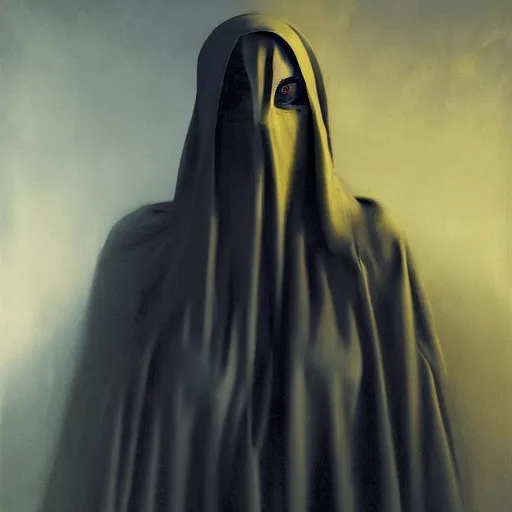 Image similar to a portrait of a young woman wearing a long dark cloak, hood and shadows covering face, holding golden chains, oil painting, matte painting, black background, Volumetric Golden dappled dynamic lighting, Highly Detailed, Cinematic Lighting, Unreal Engine, 8k, HD, by Beksinski