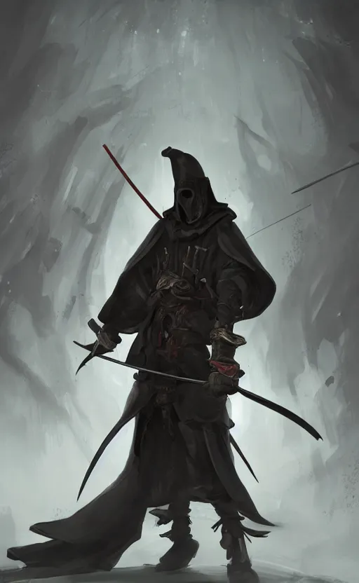 Prompt: a shadow, plague doctor samurai assassin, dynamic lighting, fantasy concept art, trending on art station, stunning visuals, creative, cinematic, ultra detailed