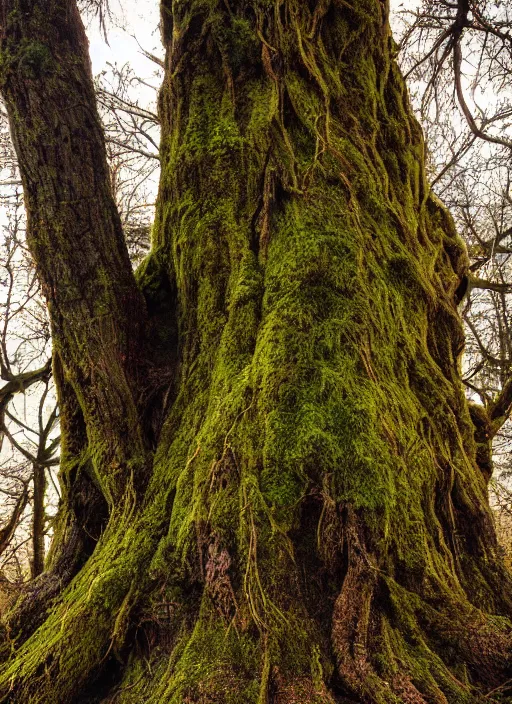 Prompt: photograph of hyperrealistic hyperdetailed ancient tree morphing into a beautiful kind face covered with bark and moss, in a dark mysterious forest at sunset